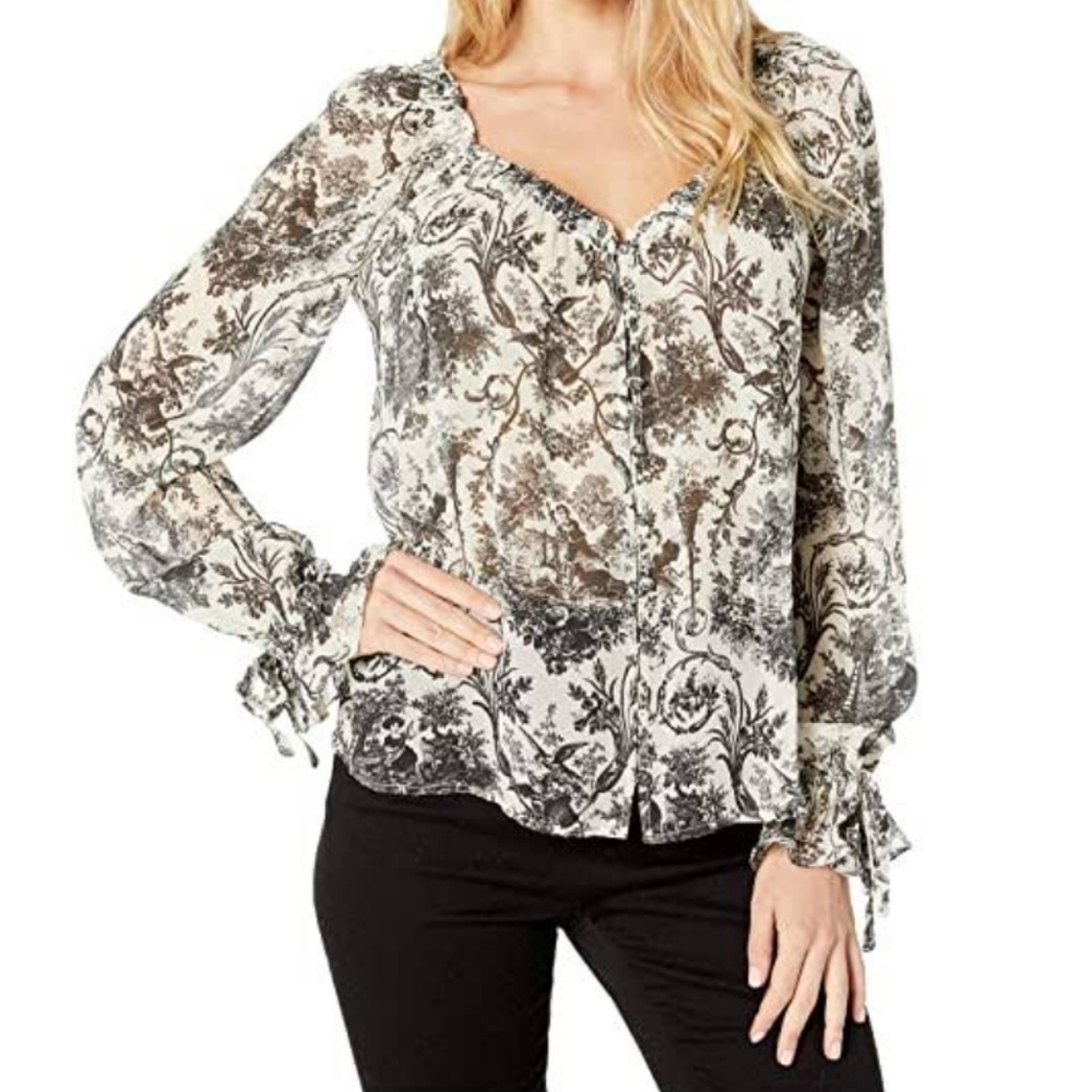 PAIGE Blouse 100% Silk Semi-Sheer Long Sleeves Toile Print Black Parchment S NWT - Picture 2 of 16